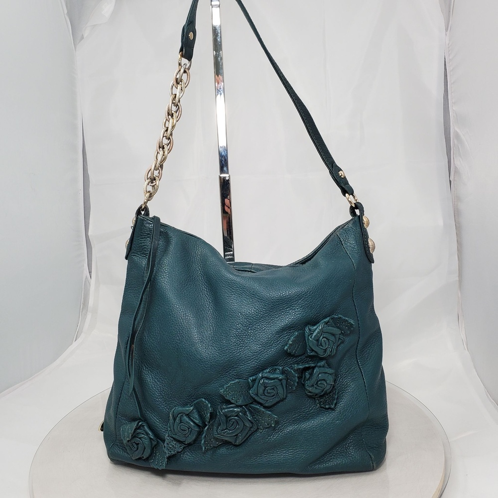 Elliott Lucca Teal Green Leather Rose Applique Hobo Shoulder Bag Chain Strap
